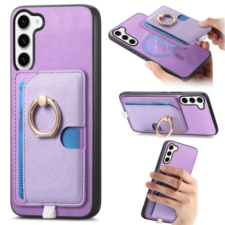 Retro Cross Leather Ring Side Insert Card Bag MagSafe Phone Case, For Samsung Galaxy S23 5G, For Samsung Galaxy A16, For Samsung Galaxy M34 / F34 5G