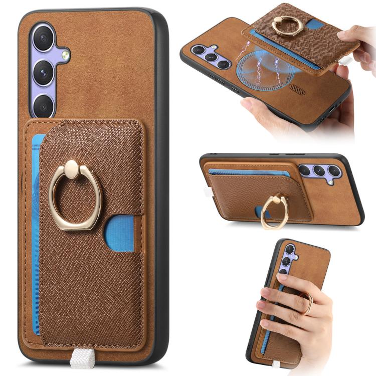 Retro Cross Leather Ring Side Insert Card Bag MagSafe Phone Case, For Samsung Galaxy S23 5G, For Samsung Galaxy A16, For Samsung Galaxy M34 / F34 5G