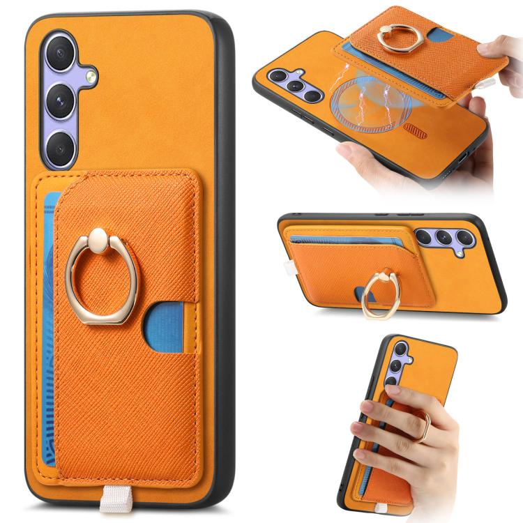 Retro Cross Leather Ring Side Insert Card Bag MagSafe Phone Case, For Samsung Galaxy M54 / F54 5G, For Samsung Galaxy A14