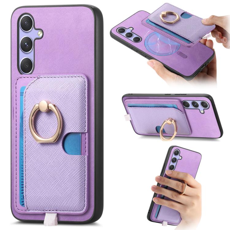 Retro Cross Leather Ring Side Insert Card Bag MagSafe Phone Case, For Samsung Galaxy M54 / F54 5G, For Samsung Galaxy A14