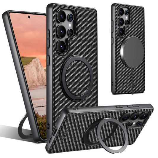 Suteni G3 Carbon Fiber Leather 360 Rotation Holder MagSafe Phone Case, For Samsung Galaxy S26 Ultra 5G, For Samsung Galaxy S25 5G, For Samsung Galaxy S25+ 5G, For Samsung Galaxy S25 Ultra 5G, For Samsung Galaxy S24 Ultra 5G, For Samsung Galaxy S24+ 5G