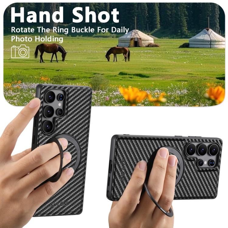 Suteni G3 Carbon Fiber Leather 360 Rotation Holder MagSafe Phone Case, For Samsung Galaxy S26 Ultra 5G, For Samsung Galaxy S25 5G, For Samsung Galaxy S25+ 5G, For Samsung Galaxy S25 Ultra 5G, For Samsung Galaxy S24 Ultra 5G, For Samsung Galaxy S24+ 5G ...