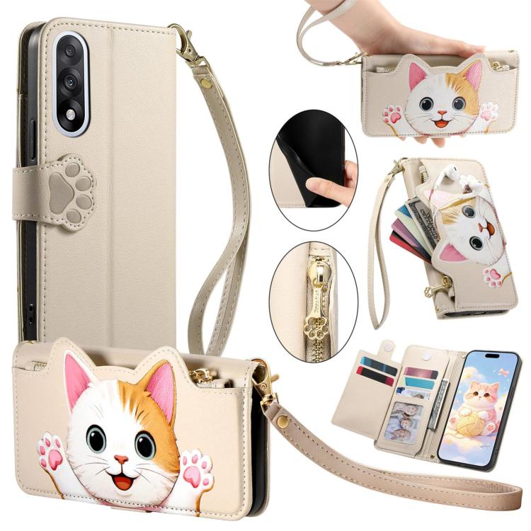 Cat-shaped Zipper Wallet Vegan Leather Phone Case with Strap, For OnePlus 15, For OnePlus Nord 5 5G, For OnePlus Nord CE5 5G