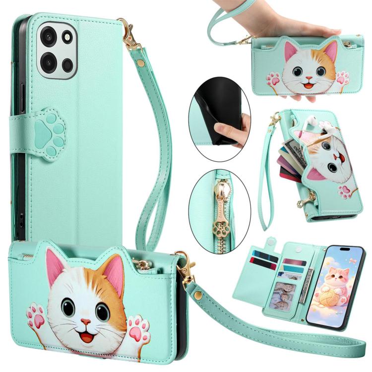 Cat-shaped Zipper Wallet Vegan Leather Phone Case with Strap, For OnePlus 15T, For OnePlus Turbo 6, For OnePlus 15R, For OnePlus Ace 6 5G