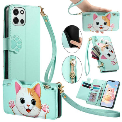 Cat-shaped Zipper Wallet Vegan Leather Phone Case with Strap, For OnePlus 15T, For OnePlus Turbo 6, For OnePlus 15R, For OnePlus Ace 6 5G