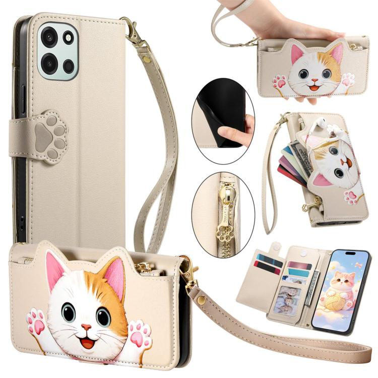 Cat-shaped Zipper Wallet Vegan Leather Phone Case with Strap, For OnePlus 15T, For OnePlus Turbo 6, For OnePlus 15R, For OnePlus Ace 6 5G