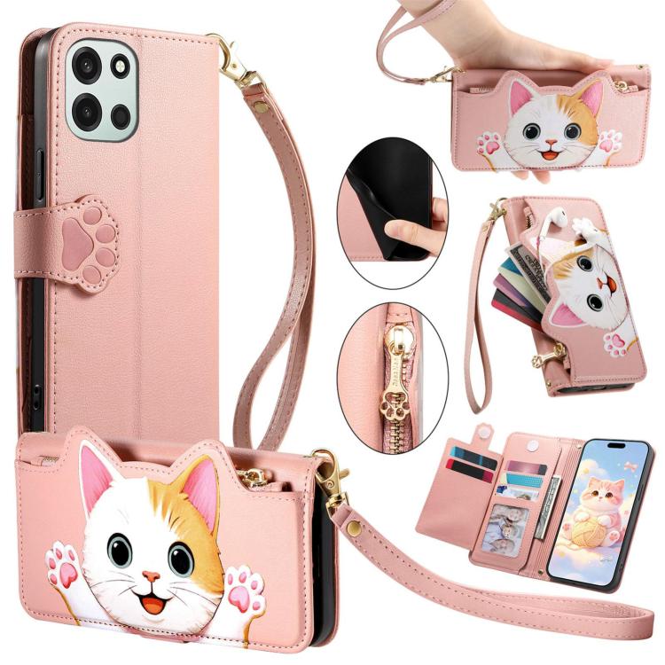 Cat-shaped Zipper Wallet Vegan Leather Phone Case with Strap, For OnePlus 15T, For OnePlus Turbo 6, For OnePlus 15R, For OnePlus Ace 6 5G