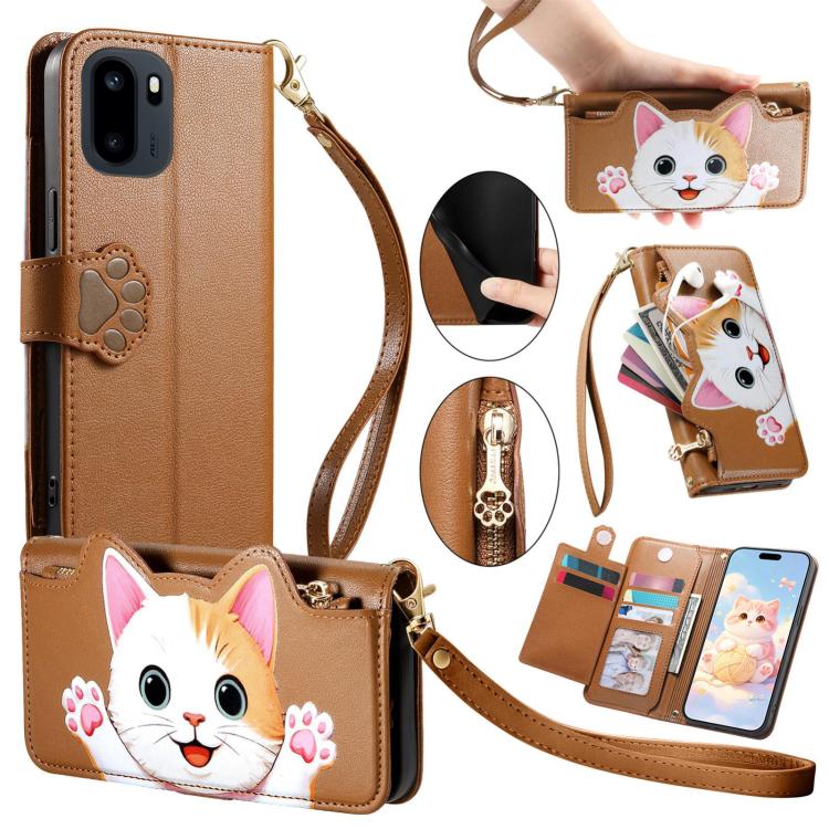 Cat-shaped Zipper Wallet Vegan Leather Phone Case with Strap, For OnePlus 15T, For OnePlus Turbo 6, For OnePlus 15R, For OnePlus Ace 6 5G