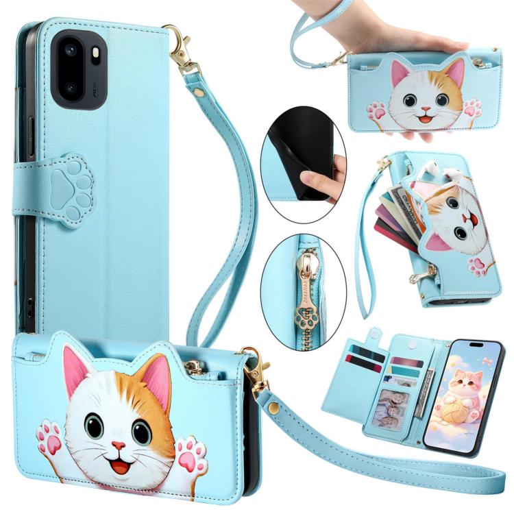 Cat-shaped Zipper Wallet Vegan Leather Phone Case with Strap, For OnePlus 15T, For OnePlus Turbo 6, For OnePlus 15R, For OnePlus Ace 6 5G