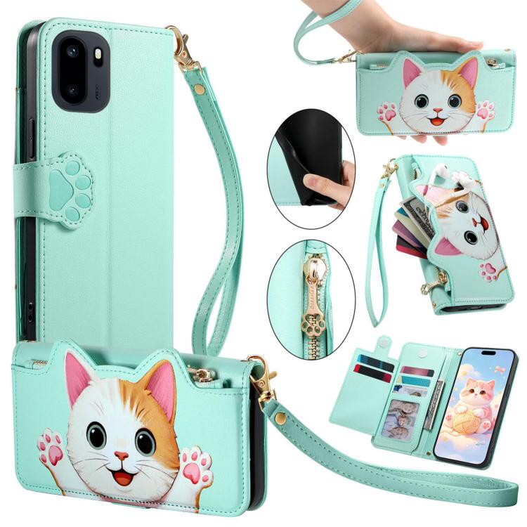 Cat-shaped Zipper Wallet Vegan Leather Phone Case with Strap, For OnePlus 15T, For OnePlus Turbo 6, For OnePlus 15R, For OnePlus Ace 6 5G