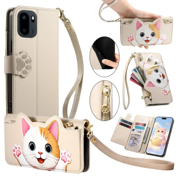 Cat-shaped Zipper Wallet Vegan Leather Phone Case with Strap, For OnePlus 15T, For OnePlus Turbo 6, For OnePlus 15R, For OnePlus Ace 6 5G