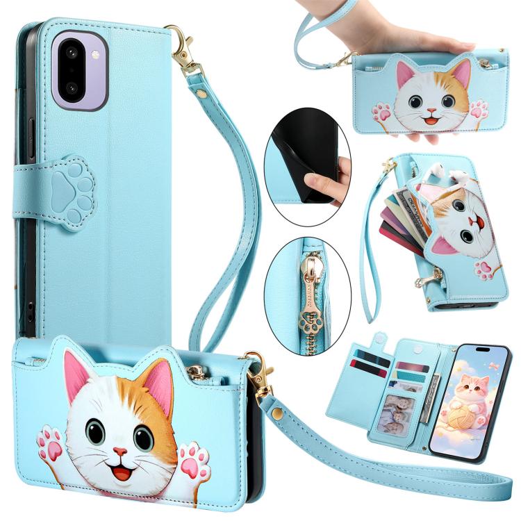 Cat-shaped Zipper Wallet Vegan Leather Phone Case with Strap, For OnePlus 15T, For OnePlus Turbo 6, For OnePlus 15R, For OnePlus Ace 6 5G