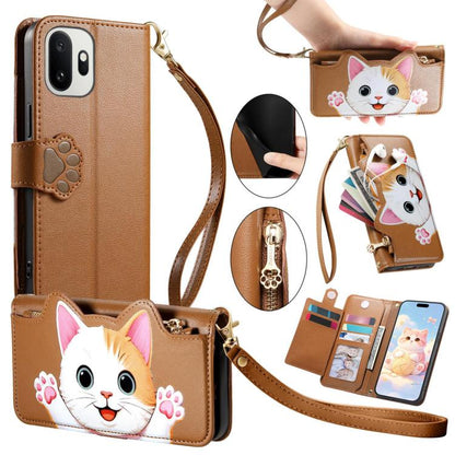 Cat-shaped Zipper Wallet Vegan Leather Phone Case with Strap, For OnePlus 15T, For OnePlus Turbo 6, For OnePlus 15R, For OnePlus Ace 6 5G