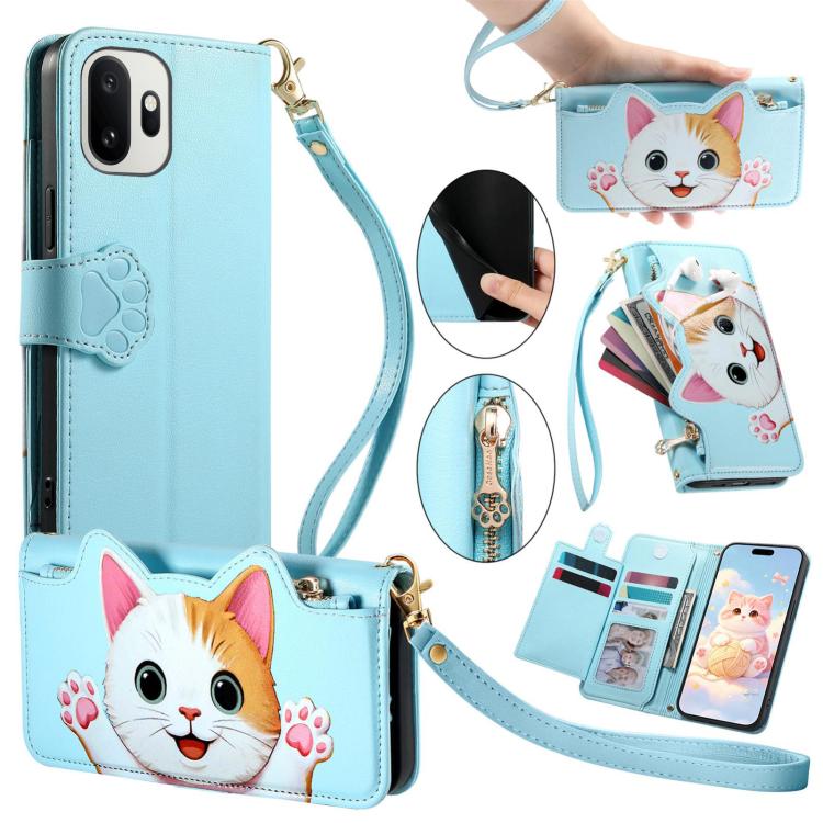 Cat-shaped Zipper Wallet Vegan Leather Phone Case with Strap, For OnePlus 15T, For OnePlus Turbo 6, For OnePlus 15R, For OnePlus Ace 6 5G