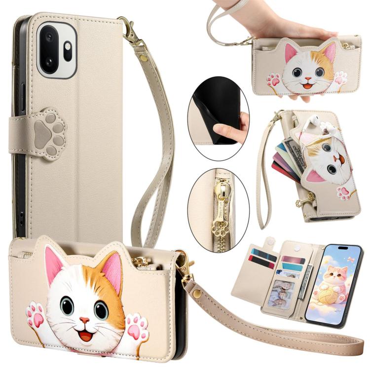 Cat-shaped Zipper Wallet Vegan Leather Phone Case with Strap, For OnePlus 15T, For OnePlus Turbo 6, For OnePlus 15R, For OnePlus Ace 6 5G