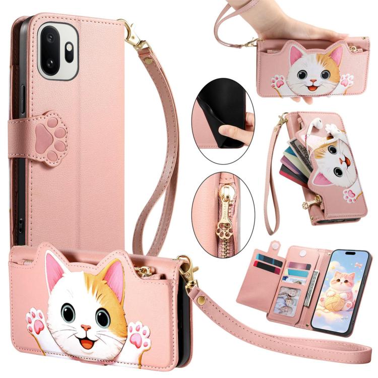 Cat-shaped Zipper Wallet Vegan Leather Phone Case with Strap, For OnePlus 15T, For OnePlus Turbo 6, For OnePlus 15R, For OnePlus Ace 6 5G