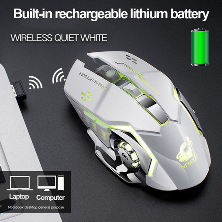 FREEDOM-WOLF X8 2400 DPI 6 Keys 2.4G Wireless Charging Silent Luminous Gaming Mechanical Mouse, X8 Star Black, X8 Metal Grey