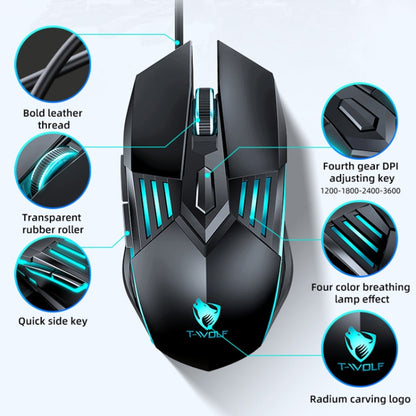 T-WOLF G560 6-keys Cool Breathing Light Gaming Wired Mouse Mechanical Office Silent Mouse
