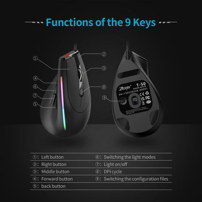 ZELOTES T50 9-Keys RGB Lighting Effect Vertical Grip Ergonomic Programming Wired Mouse, T50